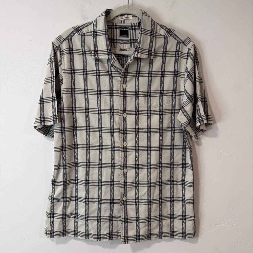 Todd Snyder Mens Button Down Shirt M White Black Indian Madras Camp Collar Plaid